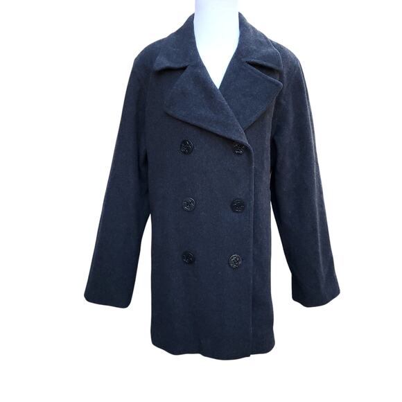 Vintage J. Percy Pea Coat Black Merino Wool Lined Double Breasted Women's Size 8 - Picture 1 of 12